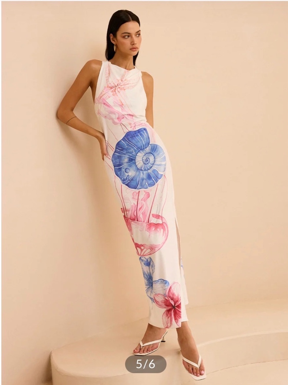 Semi-Sheer Ocean Print Maxi Dress with Slit
Multicolor / M